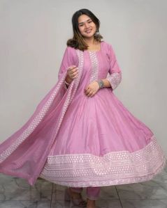 Ladies Anarkali Cotton Pink Suit