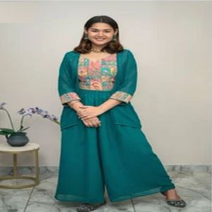 Ladies Cotton Jacket Crop Top Palazzo Set