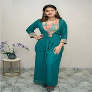 Ladies Cotton Jacket Crop Top Palazzo Set