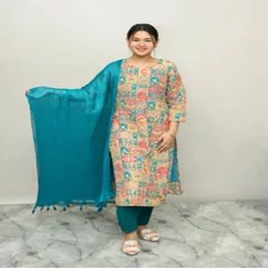 Ladies Cotton Blue Printed Kurta Set