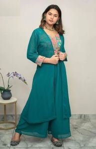 Ladies Cotton Jacket Crop Top Palazzo Set