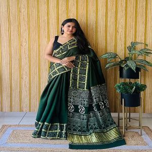 Ajrakh Green Hand Block Printed Modal Silk Saree