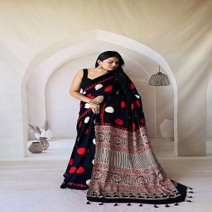 Ajrakh Printed Black Modal Silk Saree