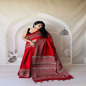 Ajrakh Red Hand Block Printed Modal Silk Saree
