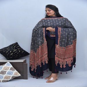 Blue Silk Ajrak Modal Handblock Printed Dupatta