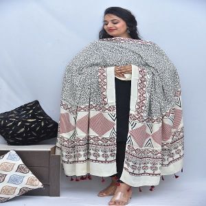 Cream Printed Modal Silk Ajrakh Hand Block Print Dupatta