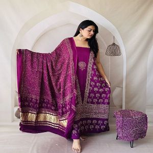 Hand Block Print Modal Silk Ajrakh Pink Dress Material