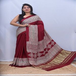 Hand Block Printed Ajrakh Modal Tissue Pallu Silk Saree