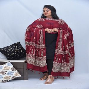 Maroon Modal Silk Ajrakh Hand Block Printed Dupatta