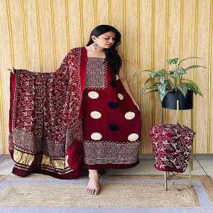 Maroon Unstitched Silk Ajrak Printed Dress Material