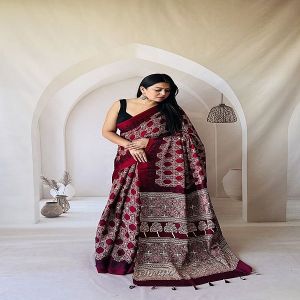 Modal Silk Hand Block Ajrakh Printed Saree