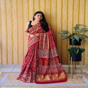 Multicolor Modal Silk Block Print Ajrakh Saree