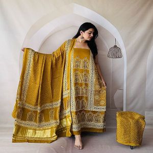 Mustard Printed Ajrakh Modal Silk Dress Material