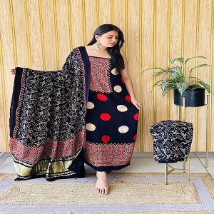 Navy Blue Unstitched Modal Silk Ajrak Printed Dress Material