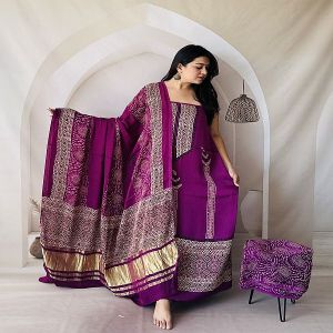 Pink Modal Silk Ajrakh Hand Block Print Dress Material