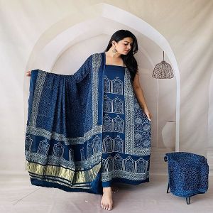 Printed Ajrakh Modal Blue Silk Dress Material
