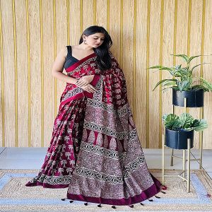 Printed Red Ajrakh Modal Silk Saree