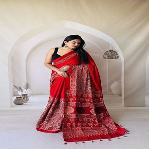 Red Ajrakh Hand Block Printed Silk Saree