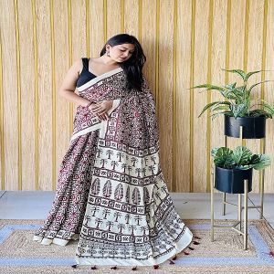 Red and Cream Ajrakh Printed Modal Silk Saree