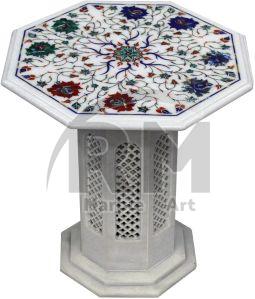 White Marble Octagonal Table Top with Inlay Work