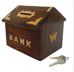 Wooden Dark Brown House Coin Box