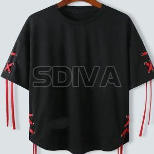 Ladies Black Cotton Round Neck Lace Up T-shirt