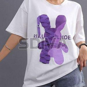Ladies Cotton White and Purple Round Neck T-Shirt