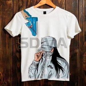 Ladies White Printed Cotton Round Neck T-Shirt