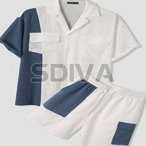 White and Blue Mens Cotton Co-ord Set