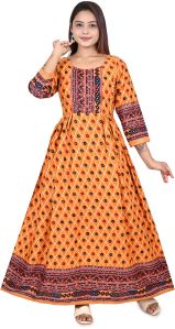 Yellow Printed Cotton Women Maxi Dress