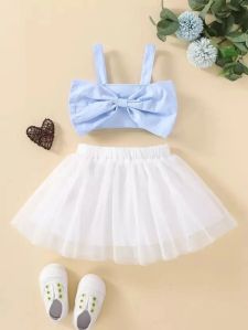 Baby Girls Light Blue Cotton Blend Solid Top &AMP; Skirt Set