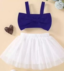 Girls Blue Cotton Blend Solid Top &AMP; Skirt Set