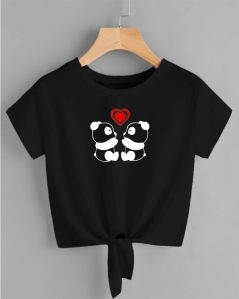 Women Black Cotton Blend Round Neck Printed Crop Top