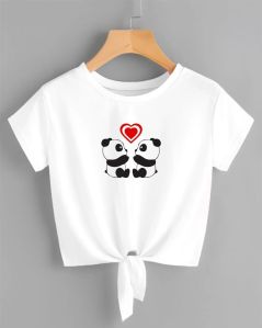 Women White Cotton Blend Round Neck Printed Crop Top