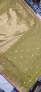 Multicolor Beads Olive Green Golden Zari Border Organza Silk Saree