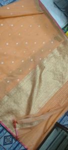 Peach Golden Zari Border Organza Silk Saree