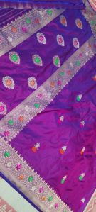 Purple Zari Border Silk Saree with Multicolor Floral Embroidery