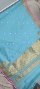 Sky Blue Golden Zari Border Organza Silk Saree