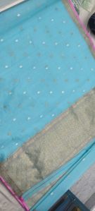 Sky Blue Golden Zari Border Organza Silk Saree