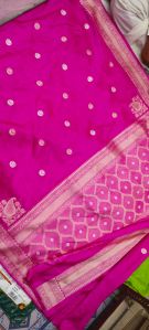 Rani Pink Floral Zari Border Soft Silk Saree