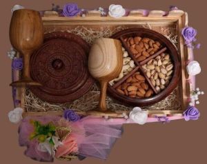 Wooden Gift Hamper Tray With Dry Fruit Box and Wine Glasses