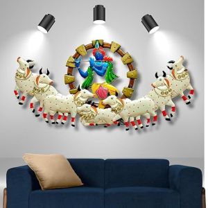 Handicraft Krishna With Cow Metal Wall Art Frame
