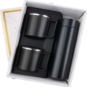 Black Temperature Bottle and 2 Mug Corporate Gift Set