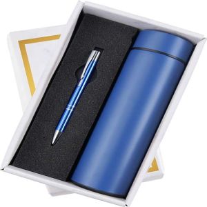 Blue Metal Pen And Temperature Bottle Corporate Gift Set