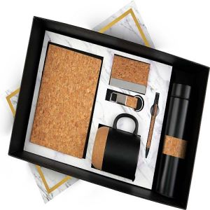 Metal 6 In 1 Black and Brown Notebook Pen Key Chain Card Holder Mug And Bottle Corporate Gift Set