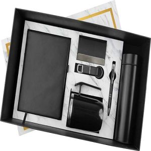 Metal 6 In 1 Black Notebook Pen Key Chain Card Holder Mug And Bottle Corporate Gift Set