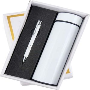 White Metal Pen And Temperature Bottle Corporate Gift Set