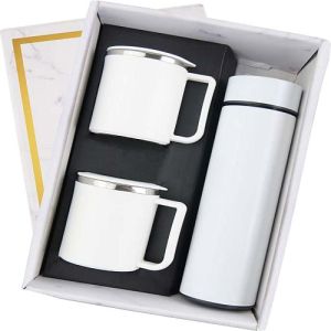 White Temperature Bottle and 2 Mugs Corporate Gift Set
