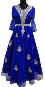 Blue Satin Silk and Net Embroidered Gown