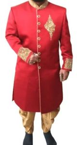 Mens Red Silk Wedding Sherwani